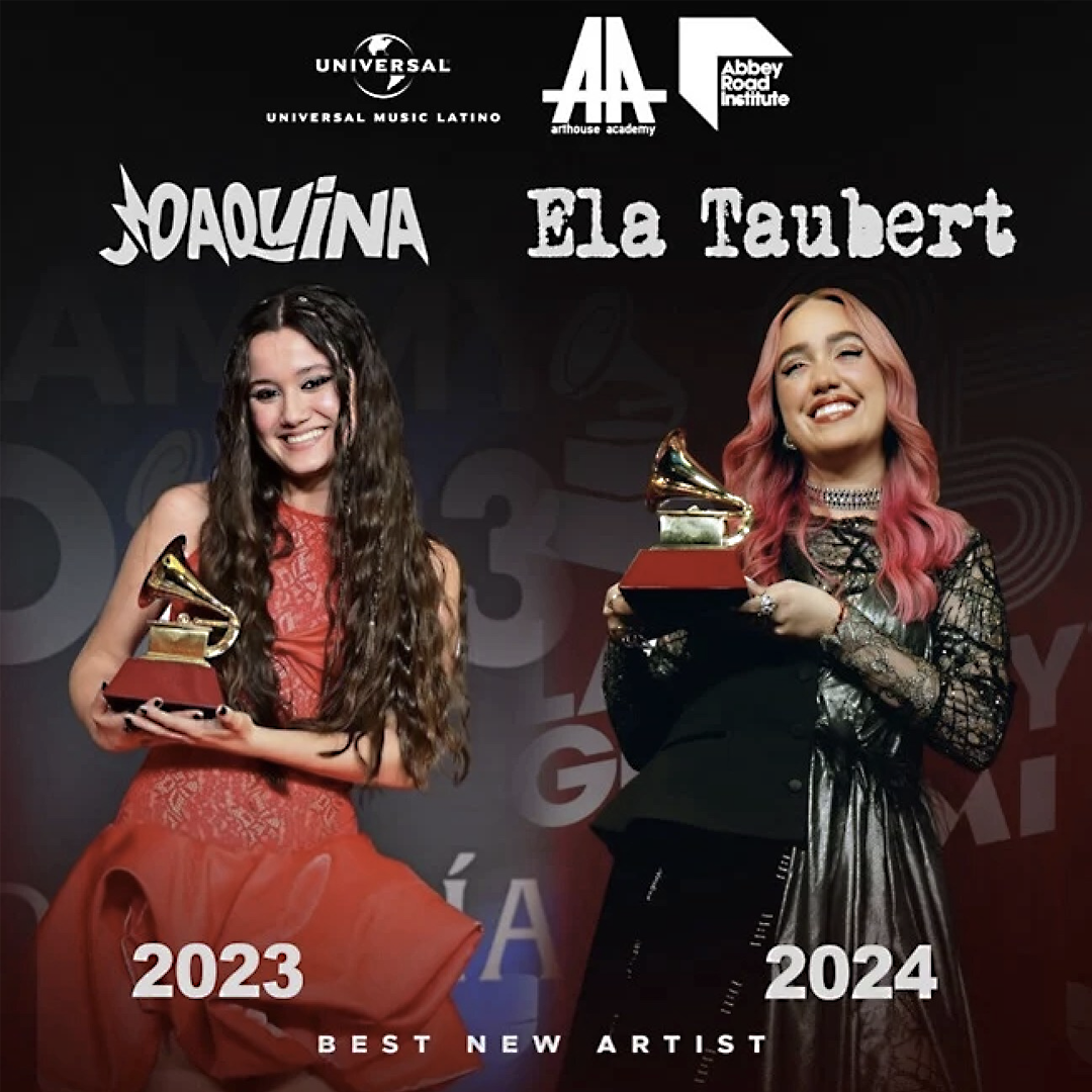 Universal Music Latin Entertainment, Joaquina (Left, 2023 BNA winner); Ela Taubert (2024 BNA winne) - Universal Music Latino- Back-to-Back Latin Grammy Wins! - Photo By PRNewsfoto
