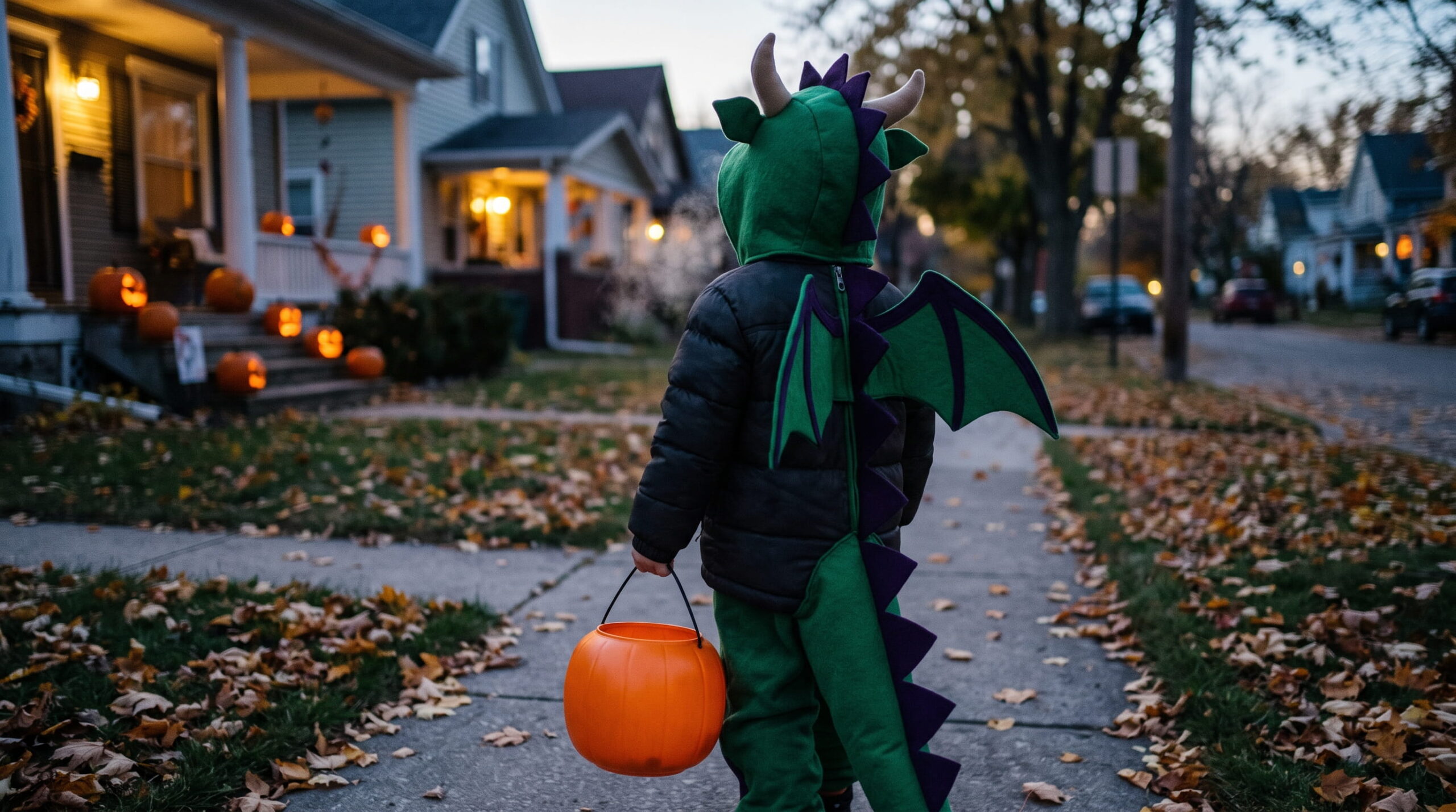 Halloween weather cold front: child trick-or-treating in a costume with a jacket on a chilly evening