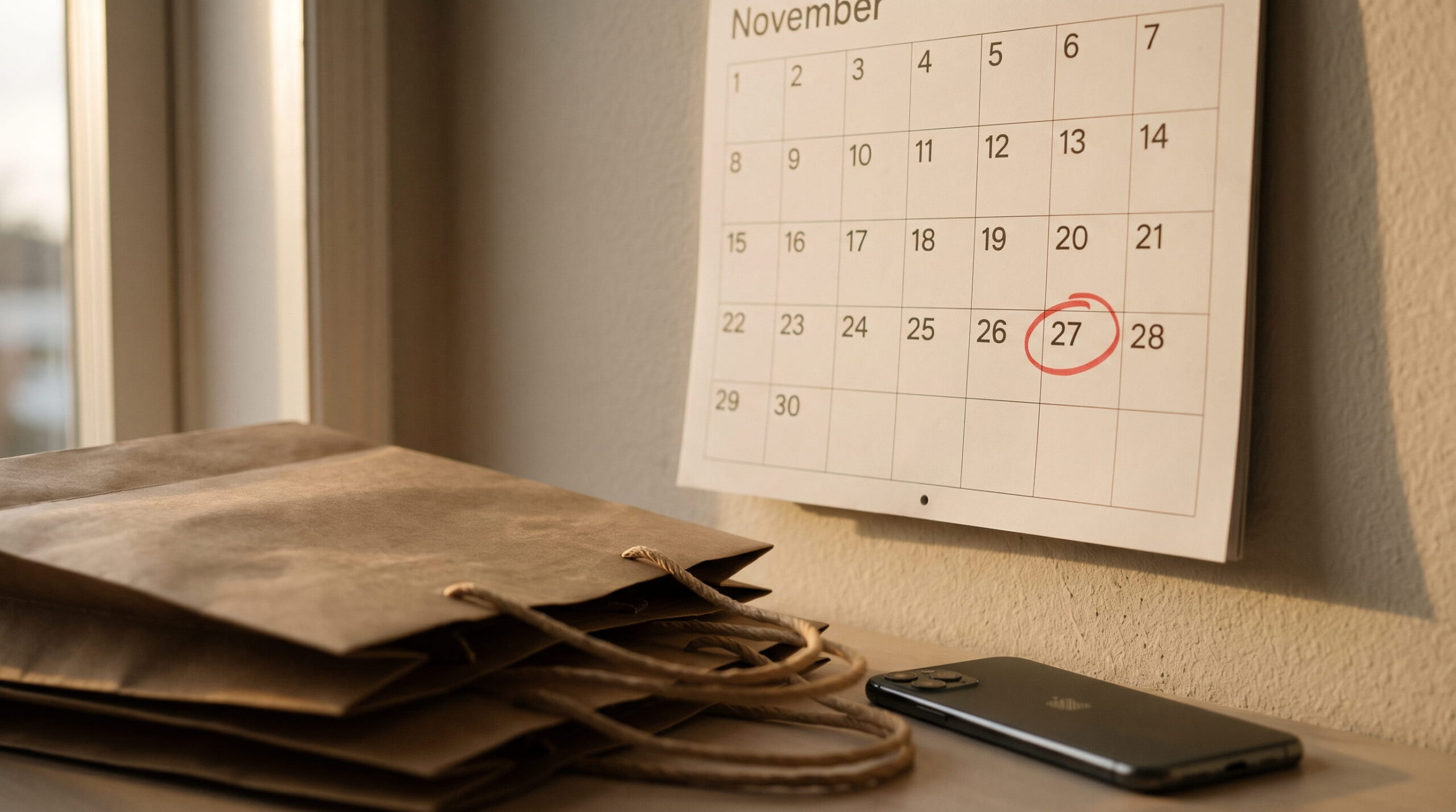 When is Black Friday 2026: November 27 circled on a calendar next to shopping bags