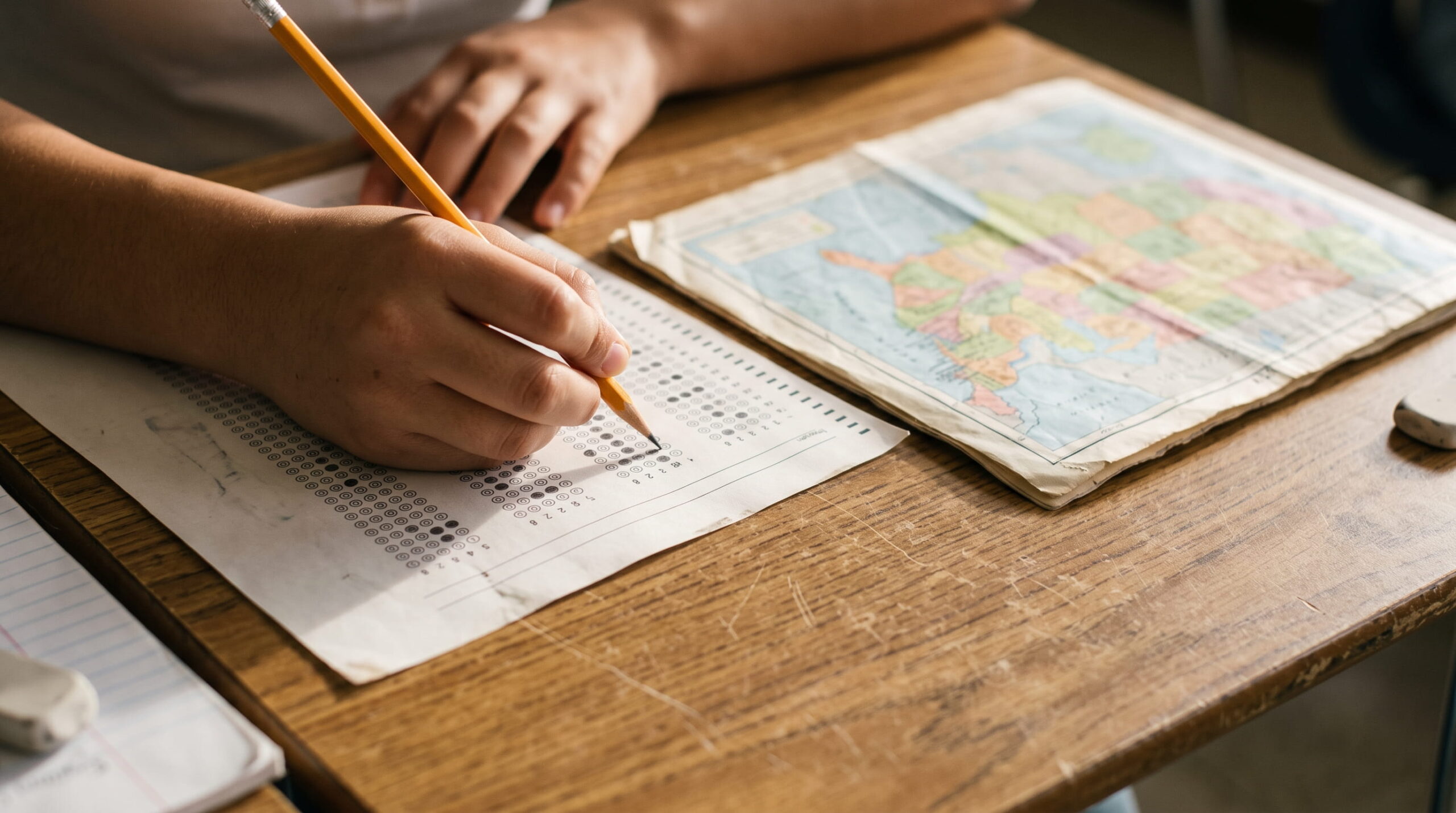 Student filling in a school test next to a U.S. map, the data behind average IQ by state rankings
