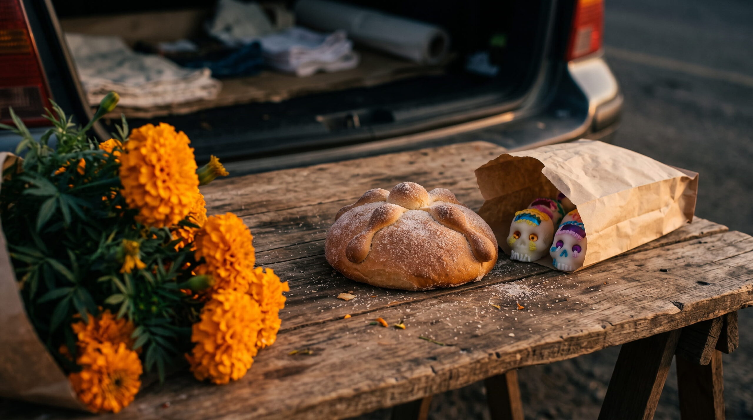 Pan de muerto and sugar skulls next to marigolds, what you can bring from Mexico for Día de Muertos