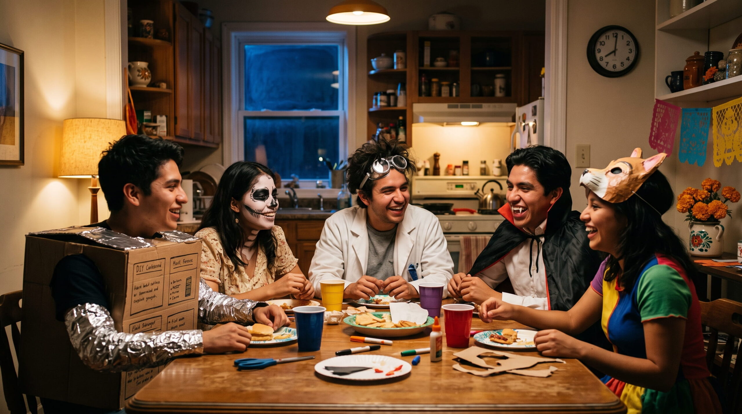 Friends in Halloween costumes at night as daylight saving time ends 2026 and clocks fall back