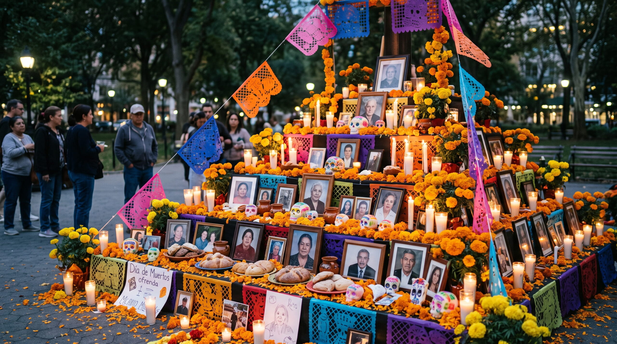 Community ofrenda with marigolds and candles at dusk, one of the Día de Muertos events 2026 in U.S. cities