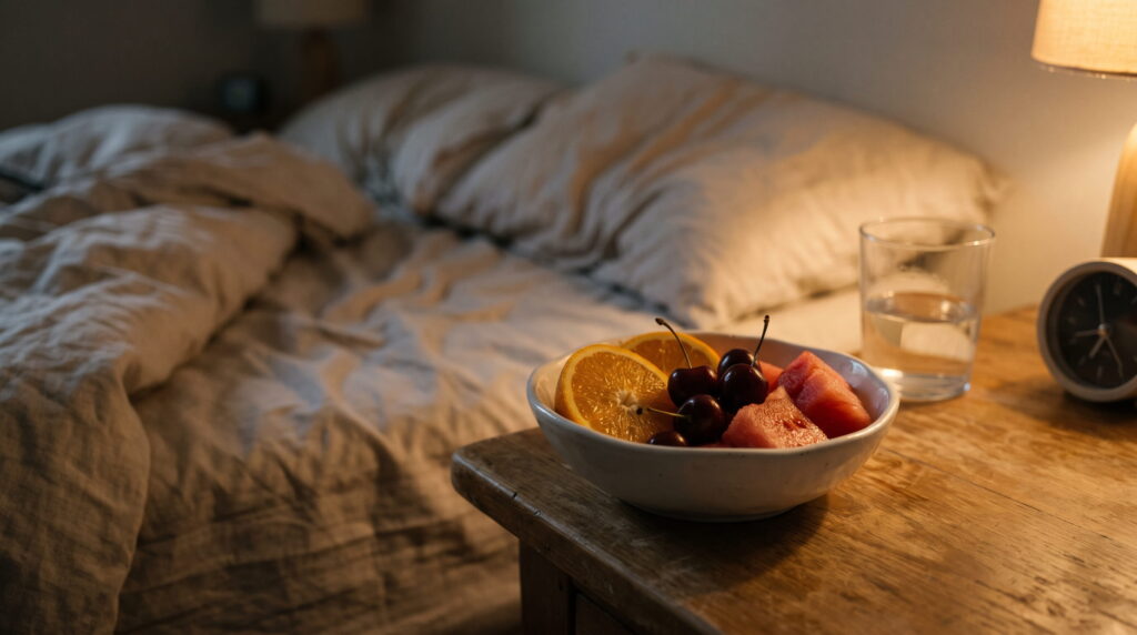 Bowl of orange slices, cherries and watermelon on a nightstand, fruits to avoid before bed
