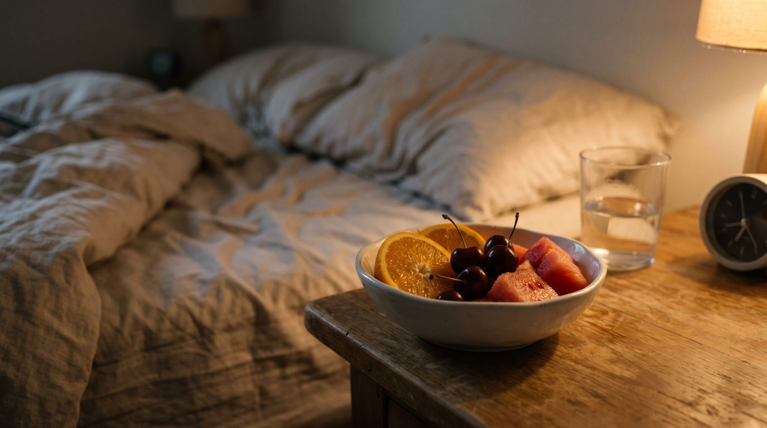Bowl of orange slices, cherries and watermelon on a nightstand, fruits to avoid before bed
