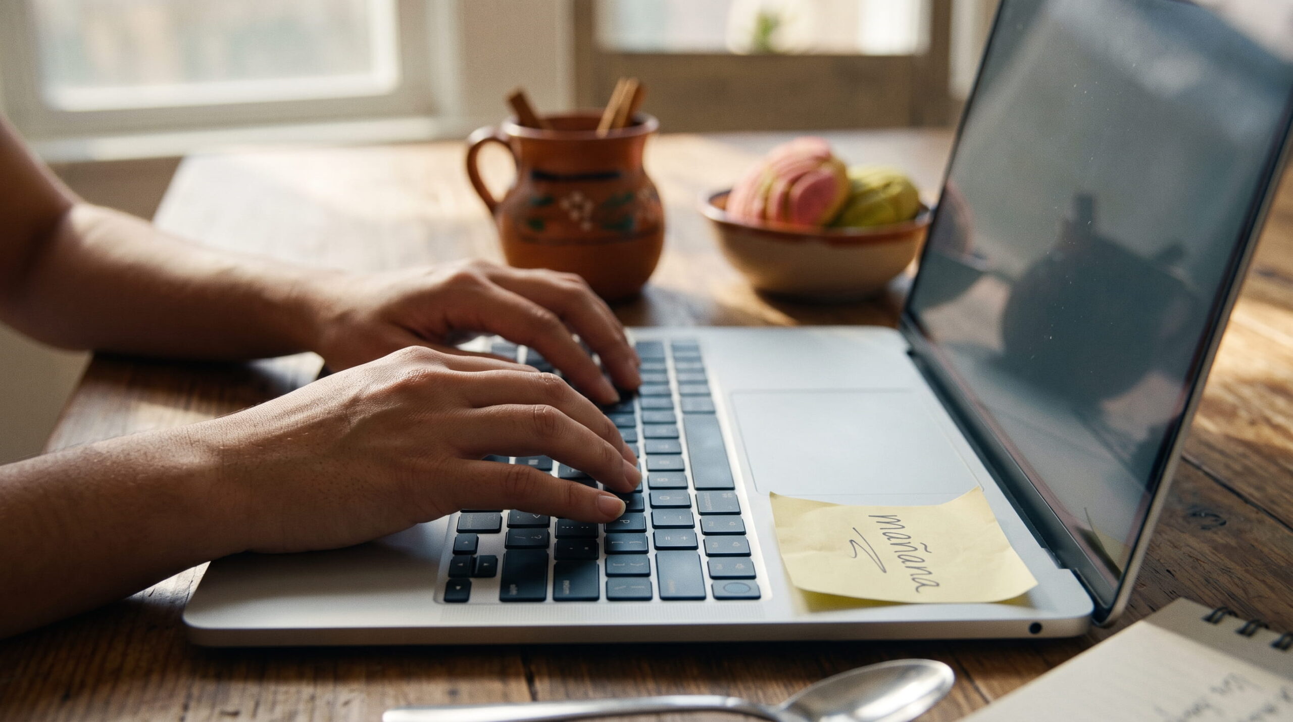Hands typing on a laptop with a “mañana” note, showing how to type ñ on a laptop