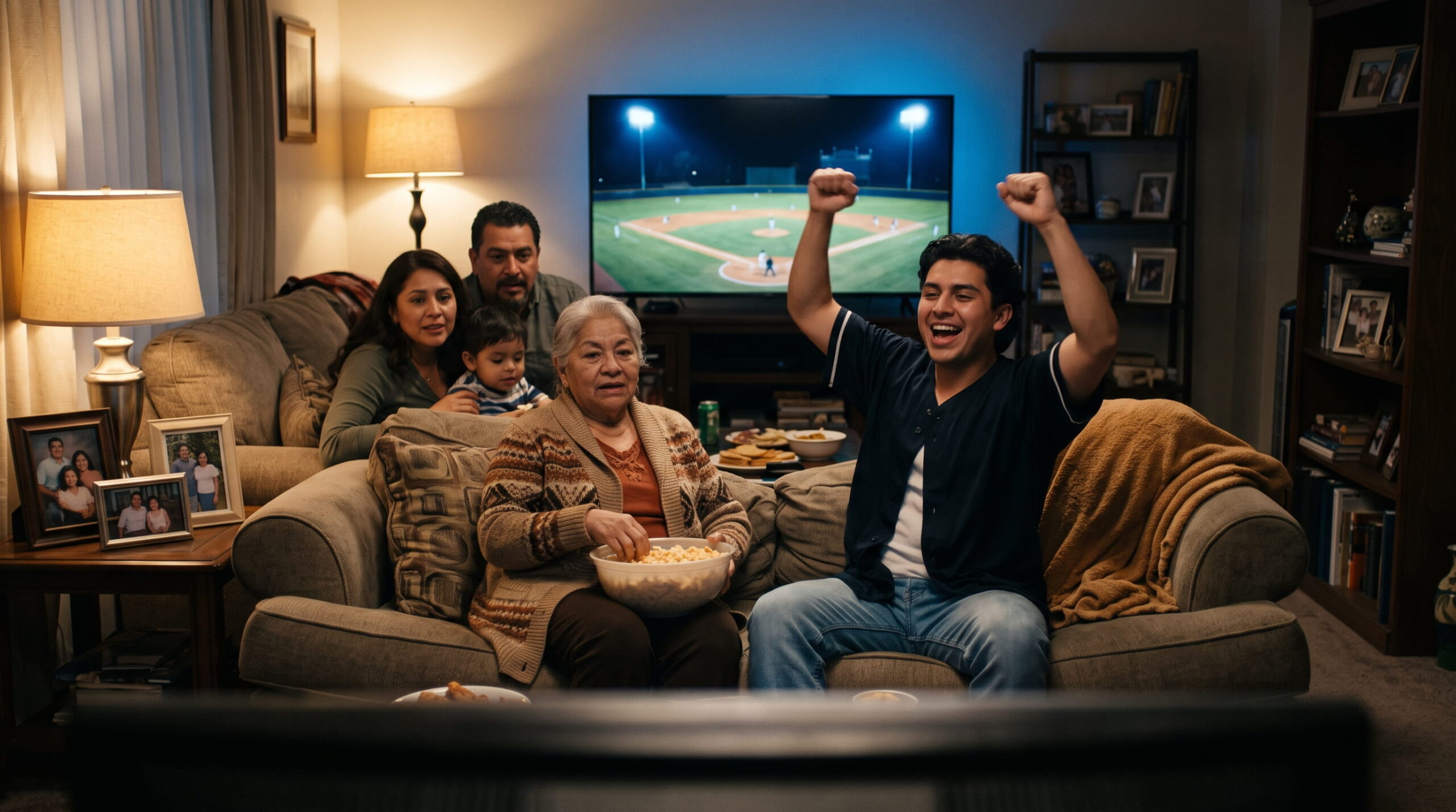 Latino family watching a baseball game on TV, a guide to how to watch the World Series in Spanish