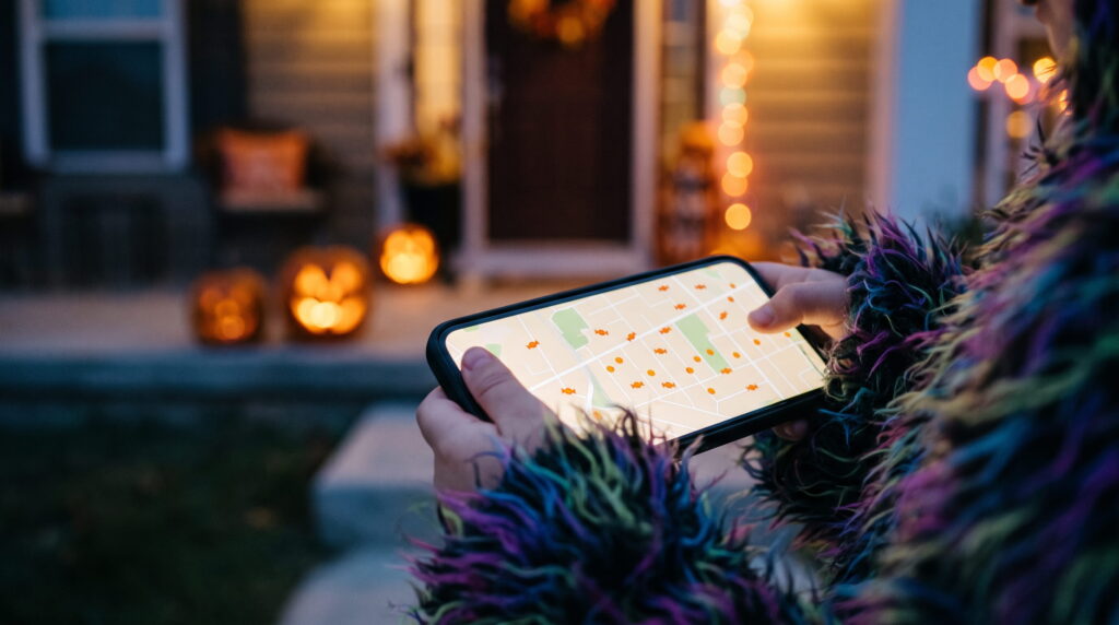 Child in costume checking a trick-or-treat map on a phone, like the Nextdoor Treat Map, outside a decorated porch